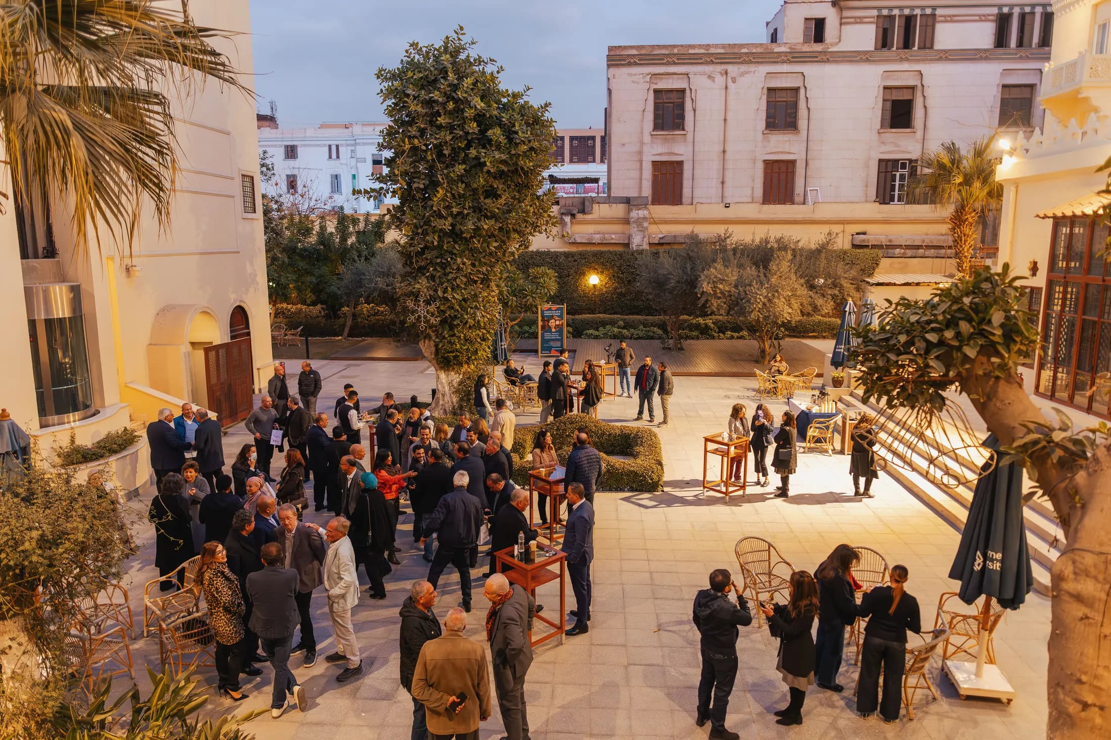 The courtyard reception at dusk, seen from above